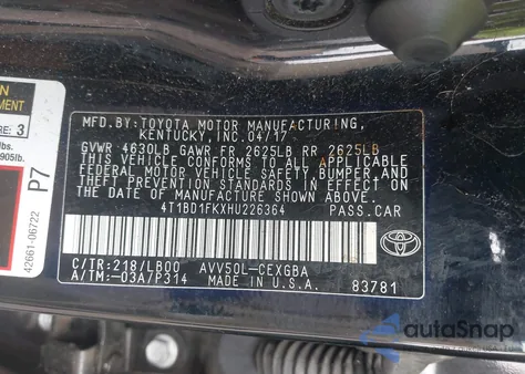 2017 Toyota Camry Hybrid Xle z USA, uszkodzony, nr VIN 4T1BD1FKXHU226364